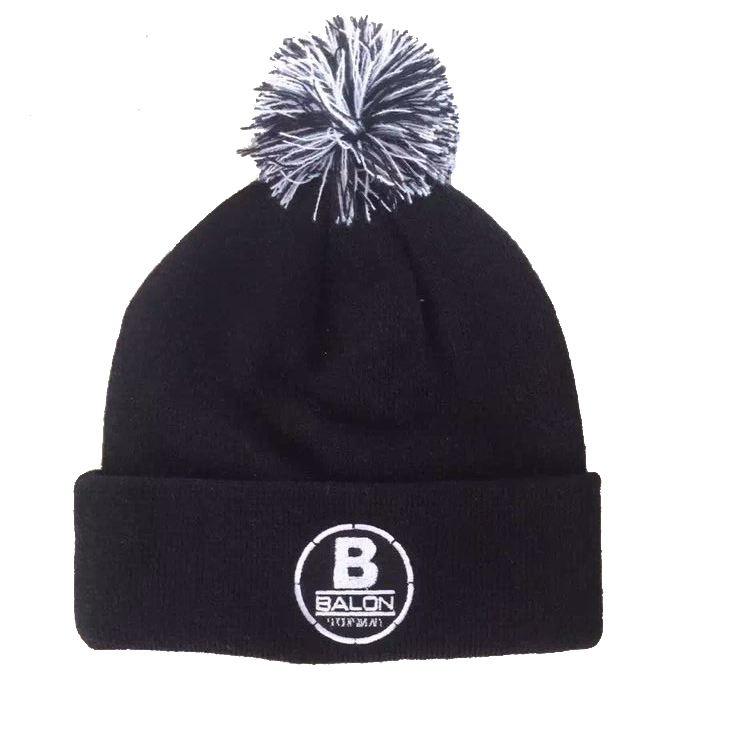 Black pompom beanie with embroidry logo