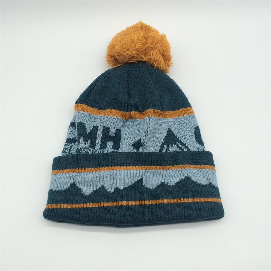 Custom 100% Acrylic Jacquard Knit Beanies With Pom Wholesale Winter Hats