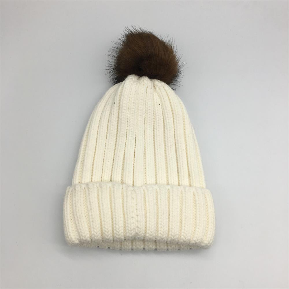 Double Layer Winter Fleece Lined Cable Knitted PomPom Beanie Hat Custom Fur Ball Beanie