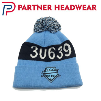 Double thickness beanie hat cable cuff custom jacquard knit Beanies With Pom