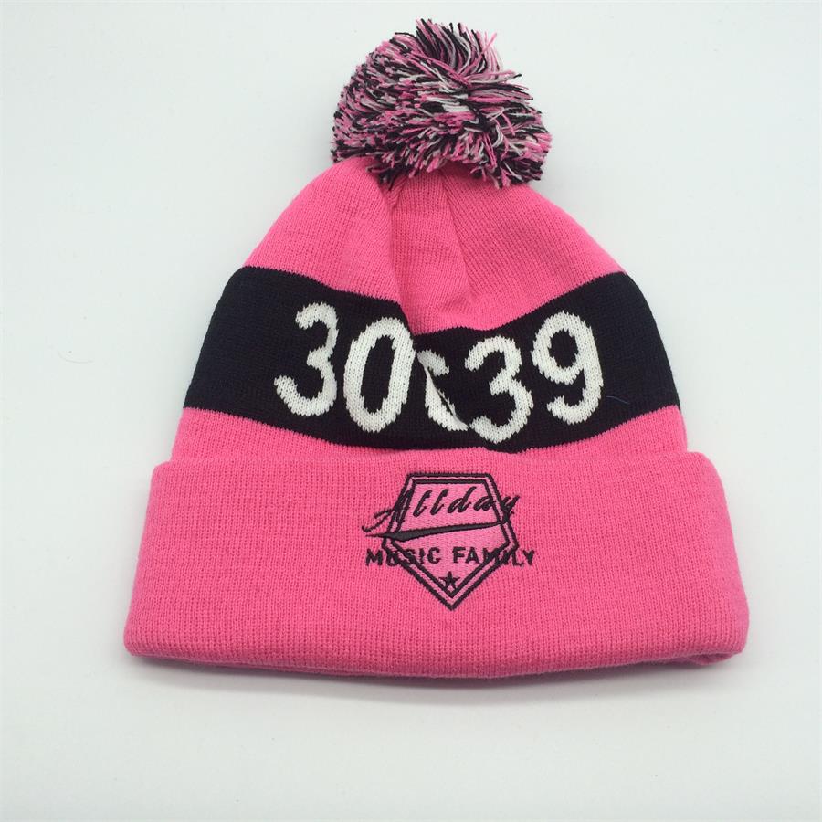 HOT SALE jacquard knit pom beanie with Embroidery beanie hat good offer