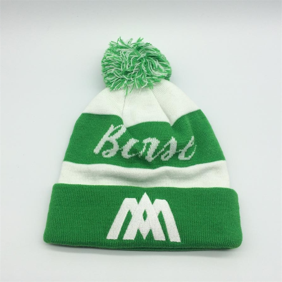 jacquard knit pom beanie with Embroidery beanie hat